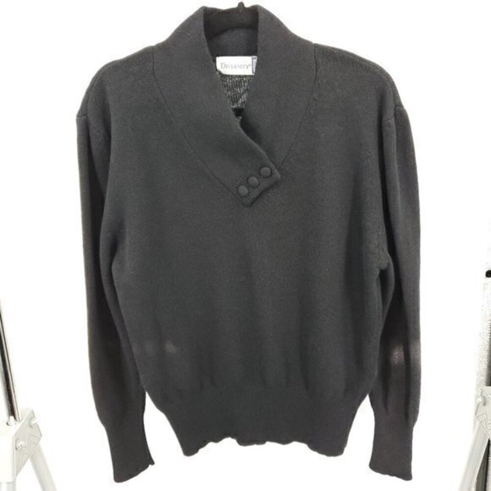 Vintage 90s Lambswool/Angora Blend Cross-Over Neck Long Sleeve Sweater LP Black